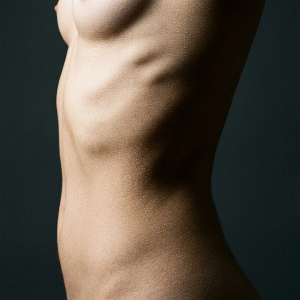 Chiaroscuro fine art nude photography showing a human torso with dramatic soft light and shadows.
