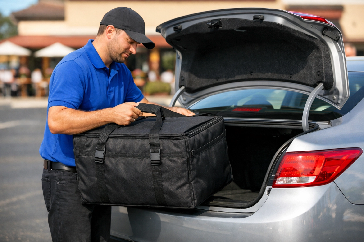 Restaurant delivery driver loading a personal car, highlighting hired and non-owned auto insurance.
