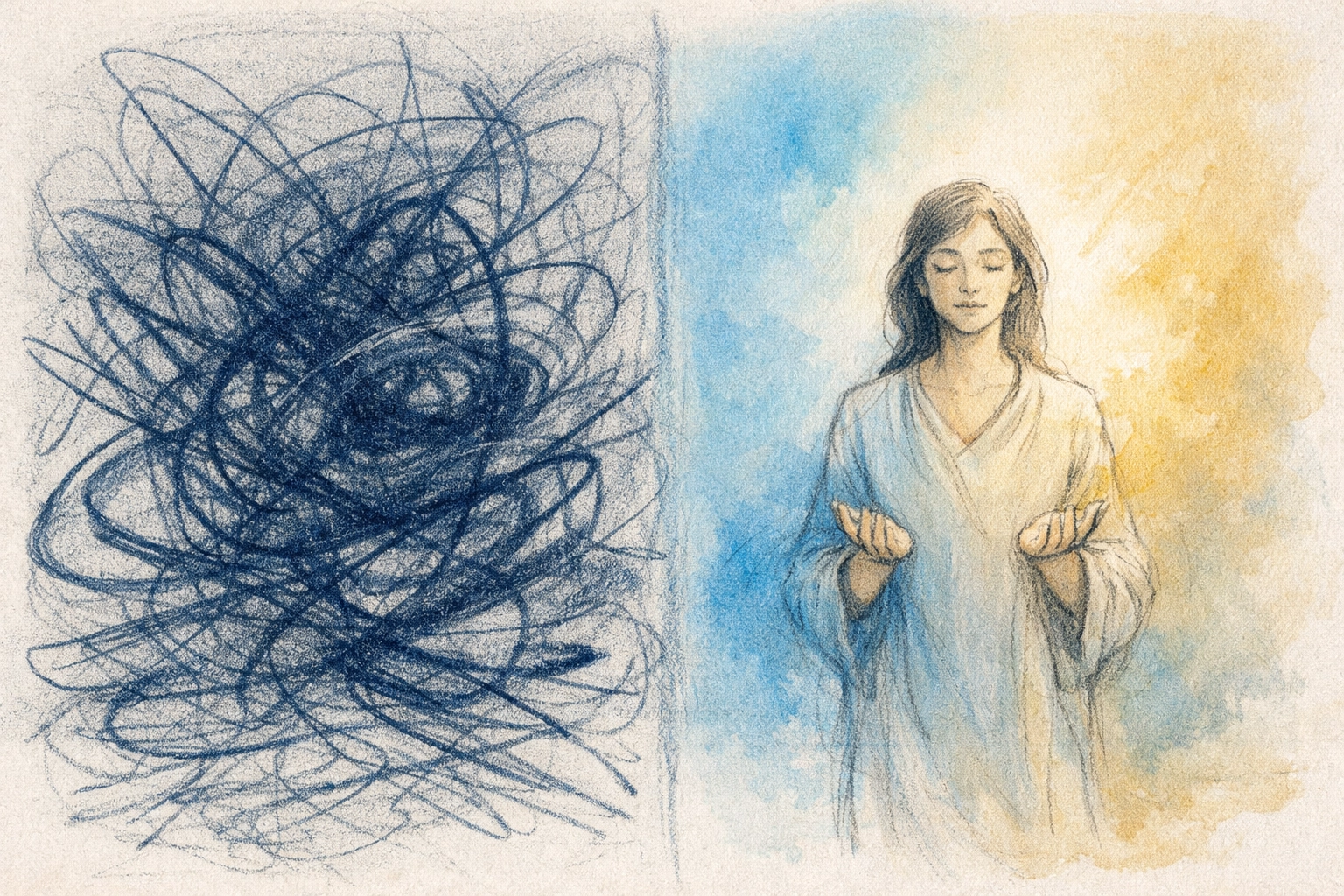 Contrast between chaos and peaceful prayer showing emotional regulation and choice