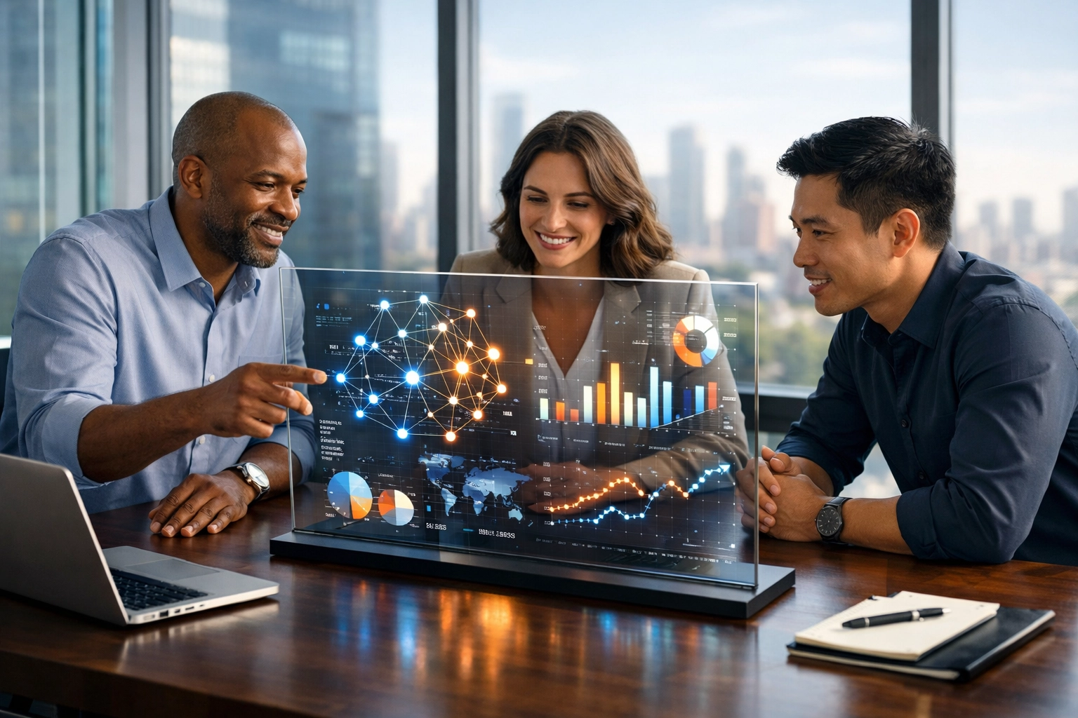 Professionals analyzing a workforce data analytics dashboard to drive strategic scaling in a modern office.