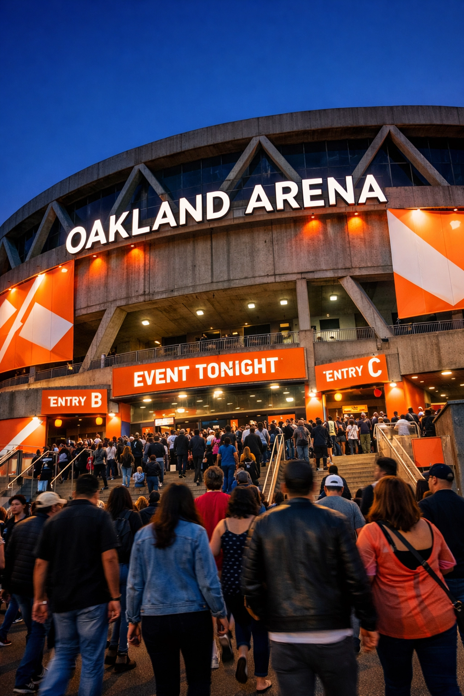 Oakland Arena exterior with crowds attending concert event during post-sports transition period