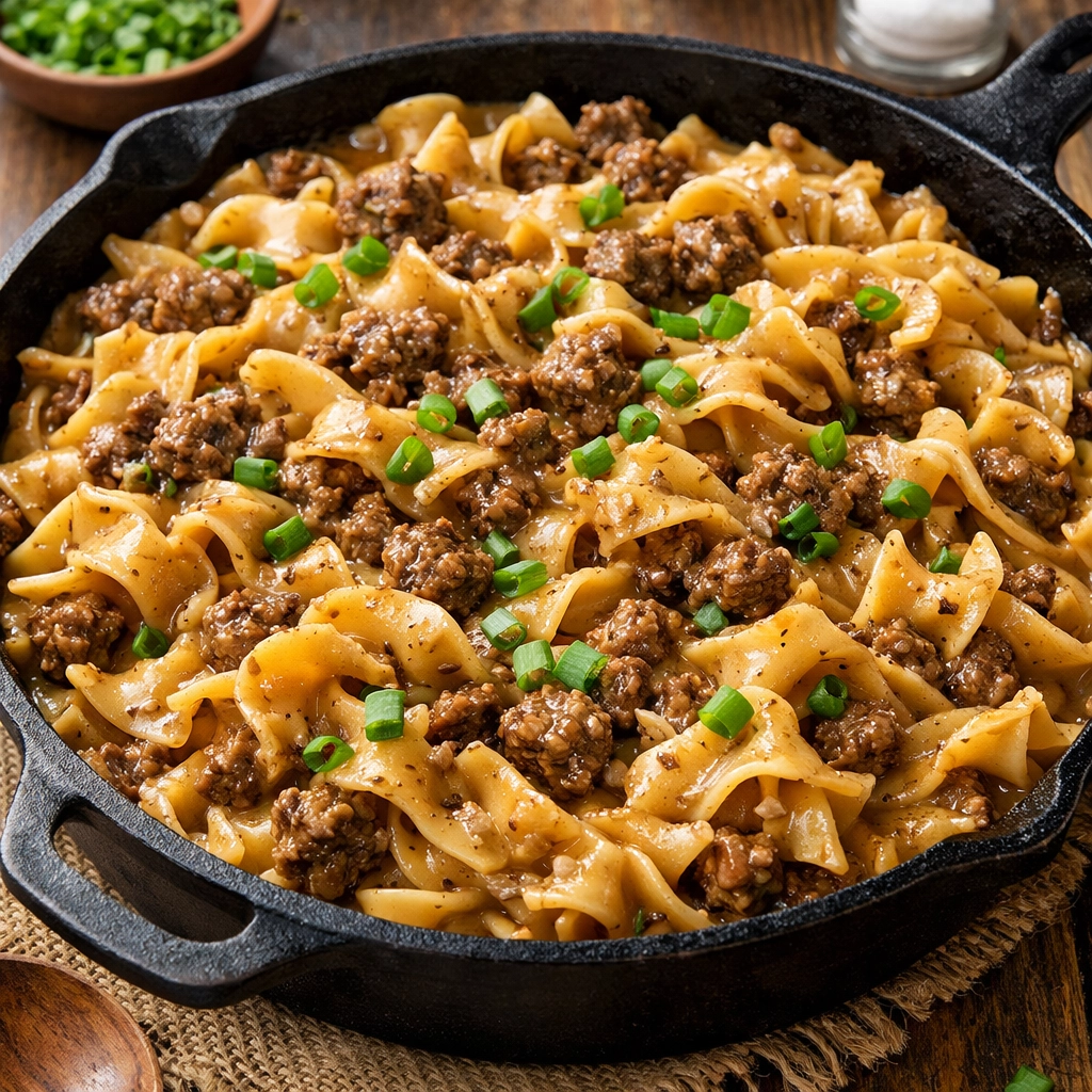 15 Simple Pasta Dinners for Stress-Free Nights Hearty beef and noodle skillet with creamy brown gravy, an easy weeknight dinner favorite.