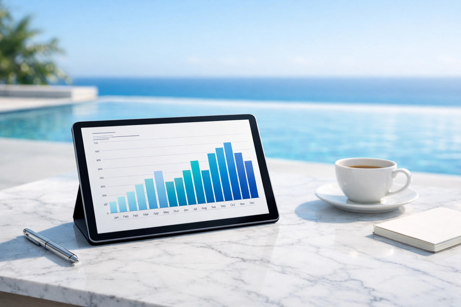 Tablet displaying business growth charts next to an infinity pool for strategic route positioning.
