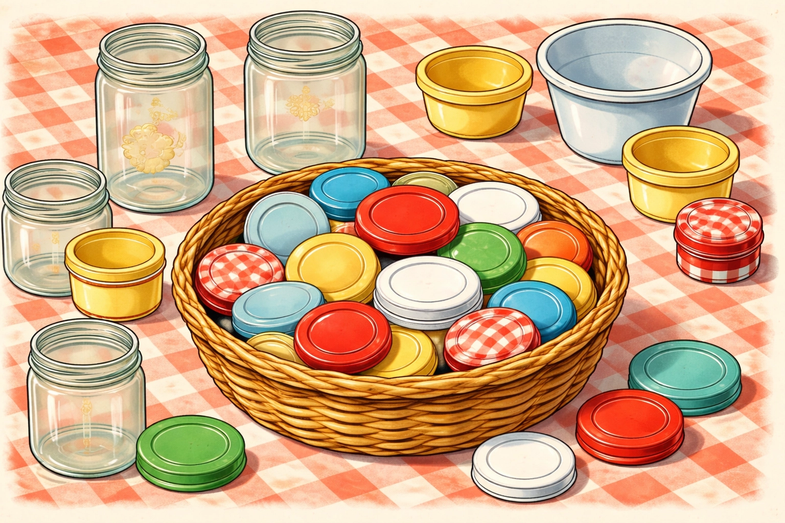 Overhead view of a wicker basket filled with various colorful lids and jars for a kids’ container matching game