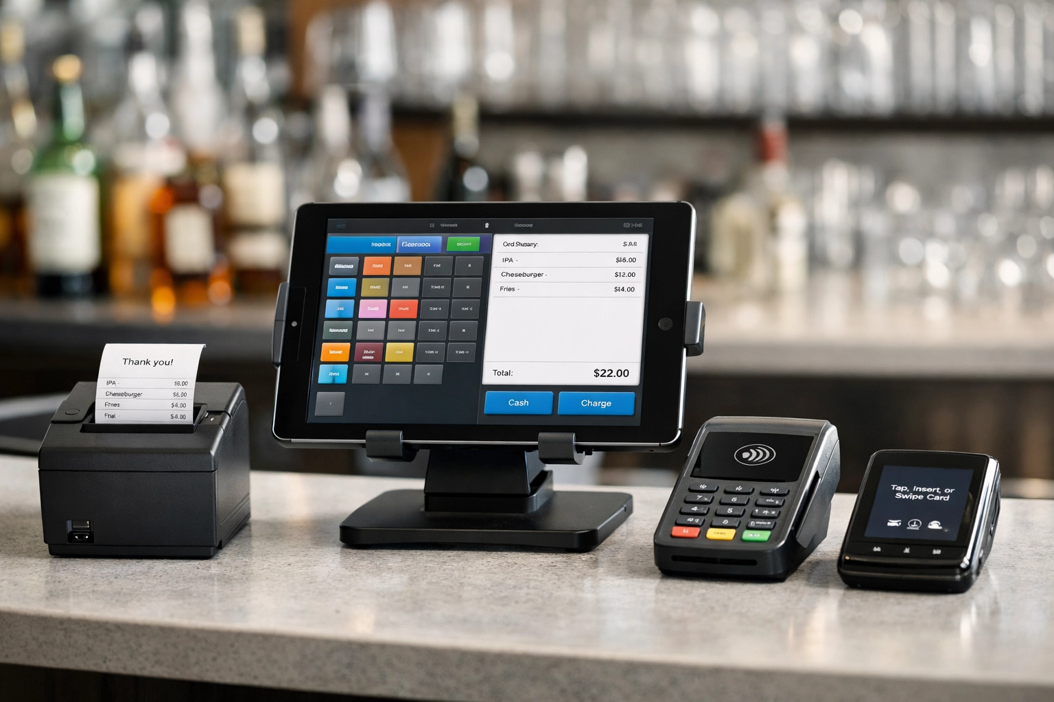 Complete POS system setup with tablet, card reader and receipt printer on pub bar counter