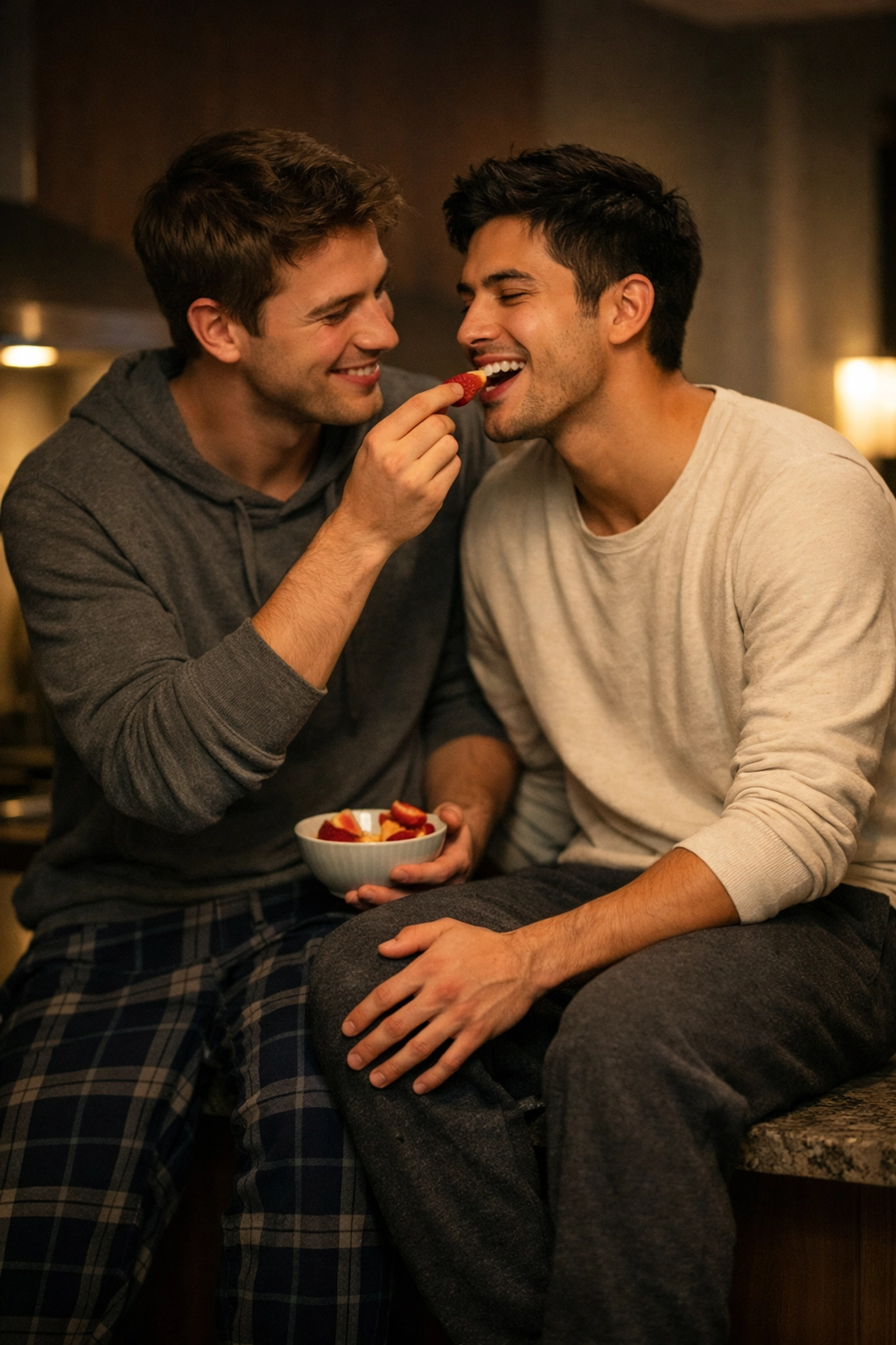 Best friends sharing a cozy, intimate moment in a kitchen, illustrating the slow burn friends-to-lovers trope.