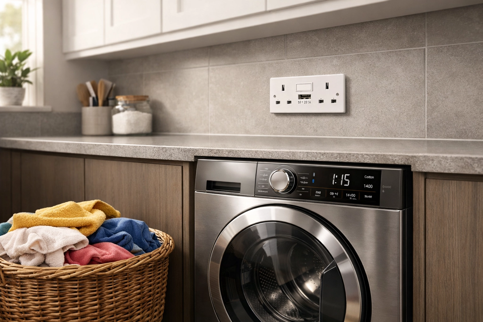 Energy-efficient washing machine next to a safe UK wall socket in a modern utility room.