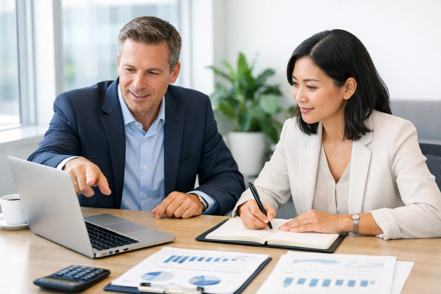 Two bookkeepers collaborating to review accounting automation tools and verify financial accuracy
