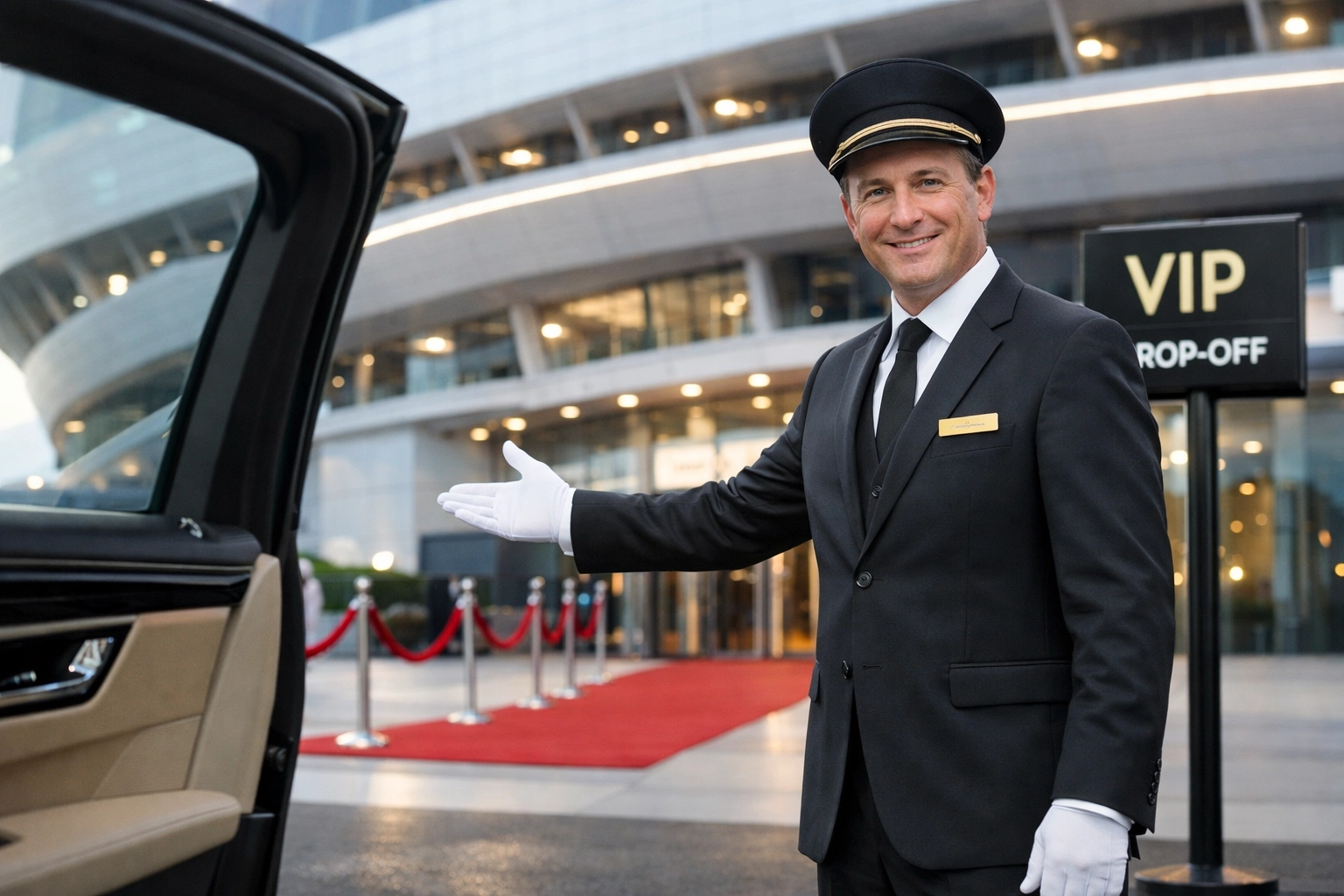 Professional concierge assisting VIP guests at a luxury stadium drop-off for the Super Bowl.
