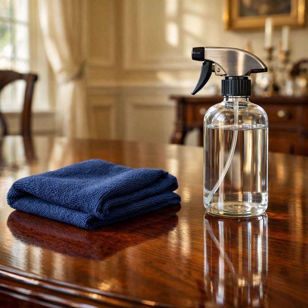 Eco-friendly Sherborn estate cleaning on a polished mahogany dining table with a microfiber cloth.