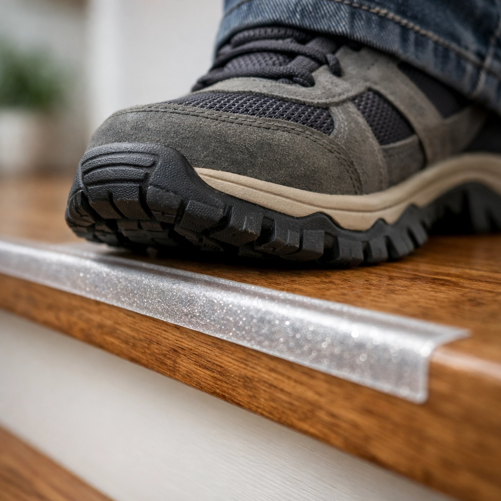 Person in rubber-soled shoes stepping on a stair tread with anti-slip tape