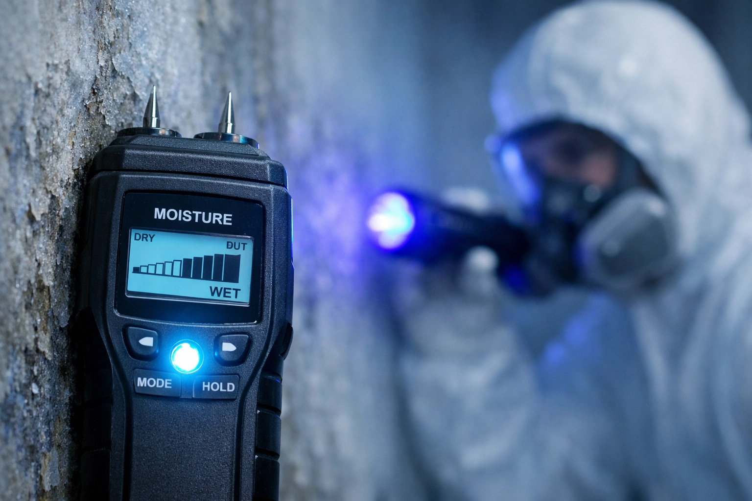 Technician performing mold remediation and moisture detection after fire and water damage.