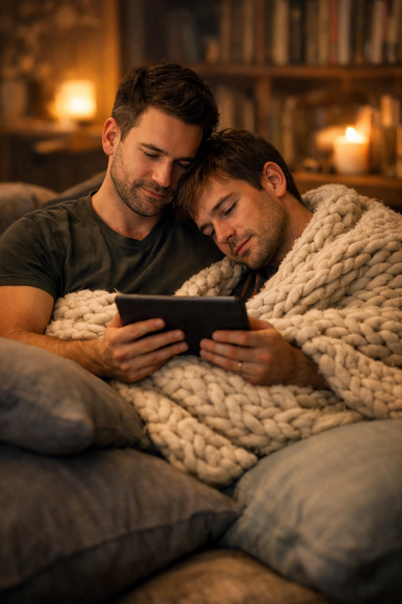 A gay couple cuddling in a cozy reading nook filled with soft pillows and blankets while reading queer fiction.