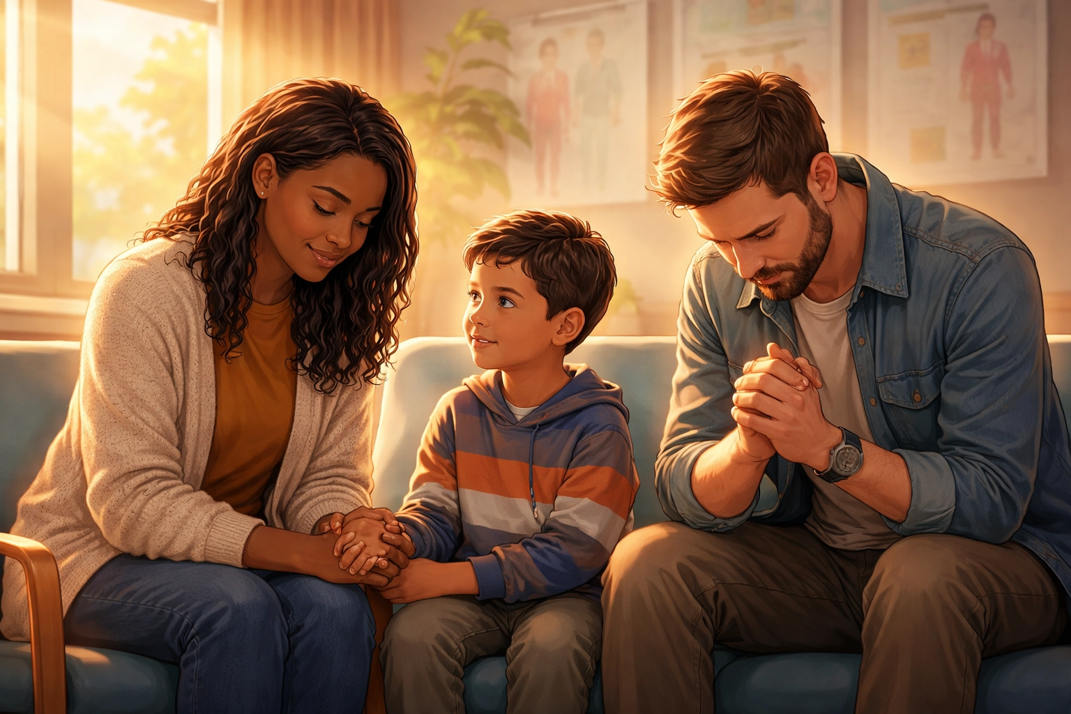 A family prays together in a doctor's waiting room, representing support, trust, and faith during health challenges.