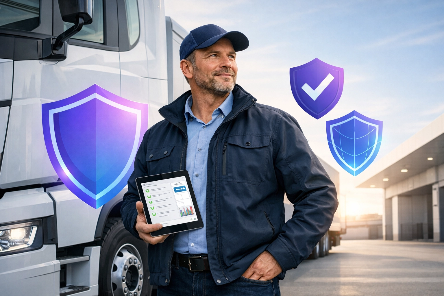 Professional HGV driver using digital tablet next to a modern truck in a Manchester logistics terminal.