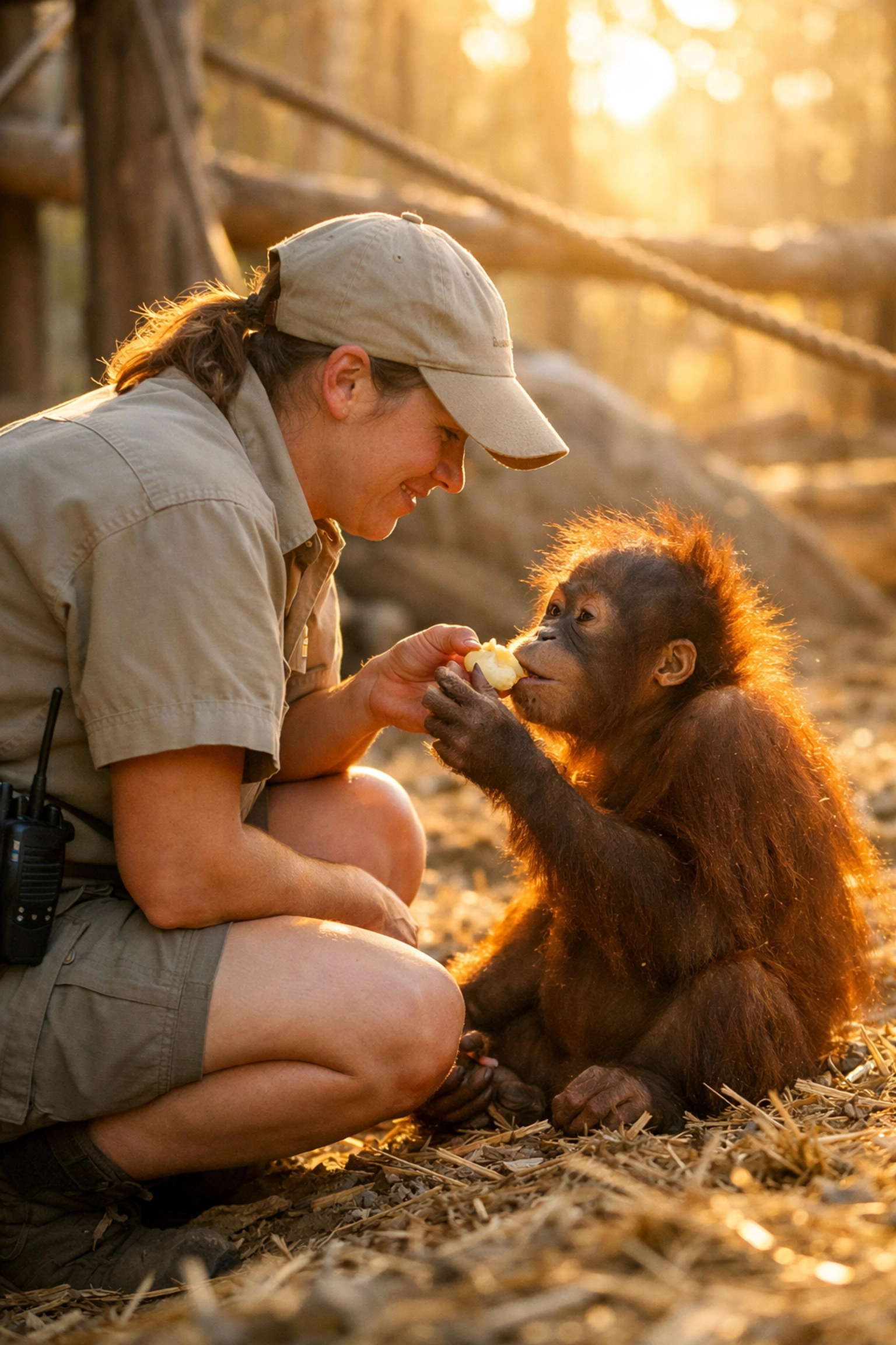 Zookeeper feeding young orangutan showing behind-the-scenes zoo content