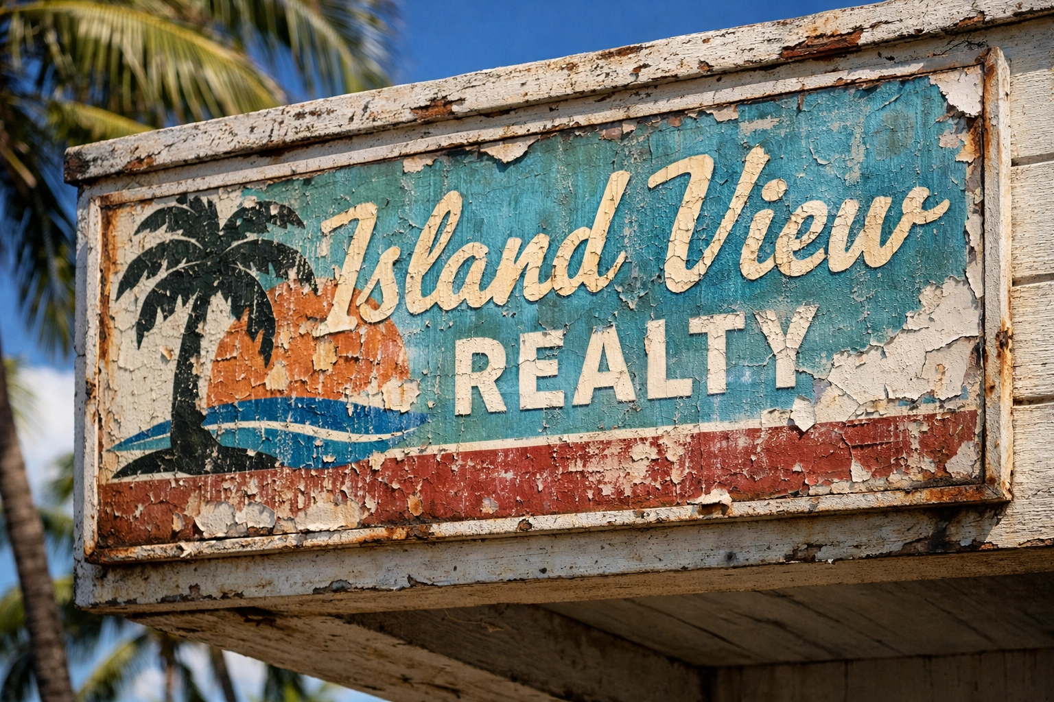 Damaged business sign showing UV fade and peeling from Hawaii's salt air and sun exposure