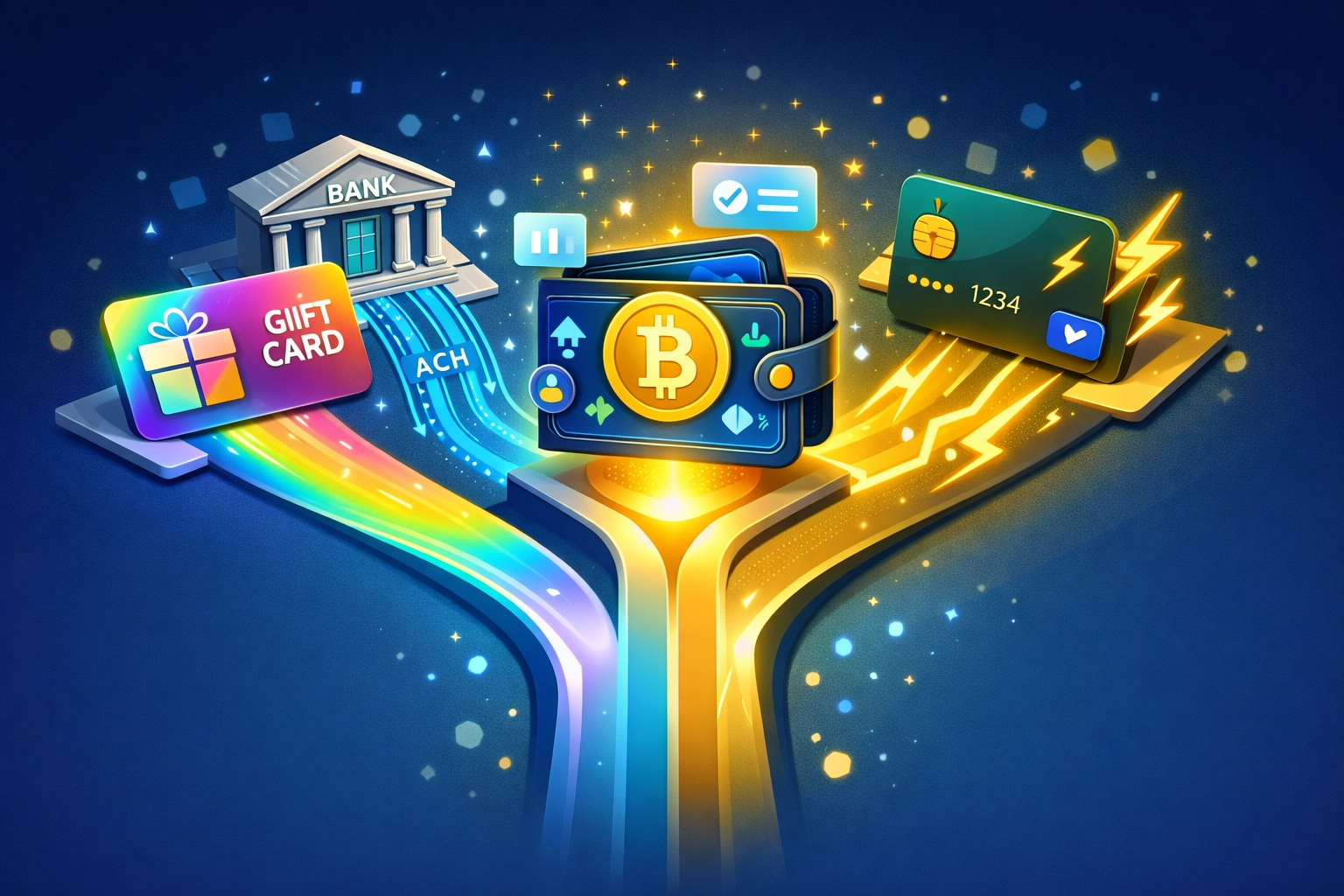 Multiple Larecoin onboarding options: gift cards, ACH transfers, and push-to-card services converging