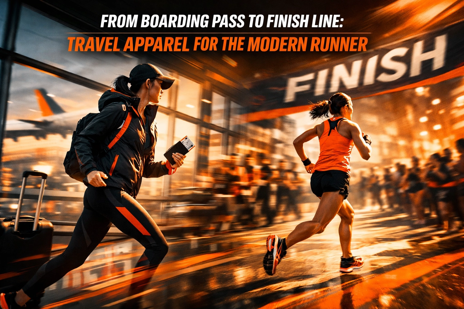 [HERO] From Boarding Pass to Finish Line: A Marathon Training Plan Beginner Can Actually Travel With — runner walking through airport in black and orange travel-ready apparel