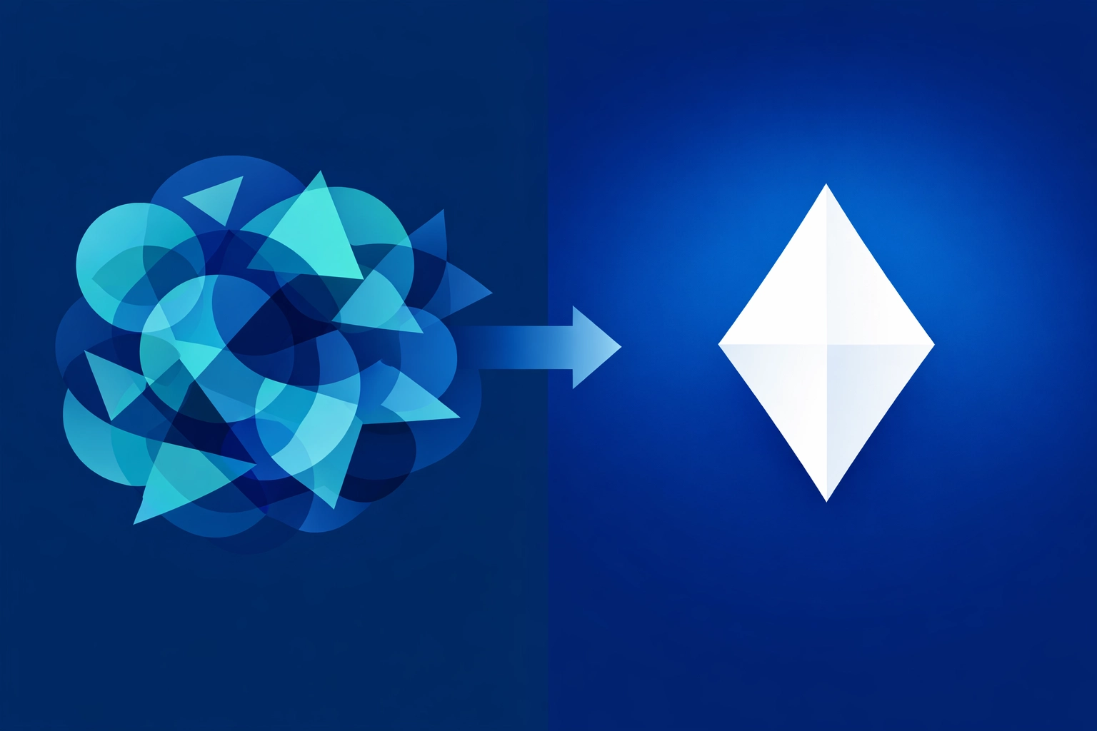 Minimalist illustration of organizational chaos transforming into process improvement clarity.