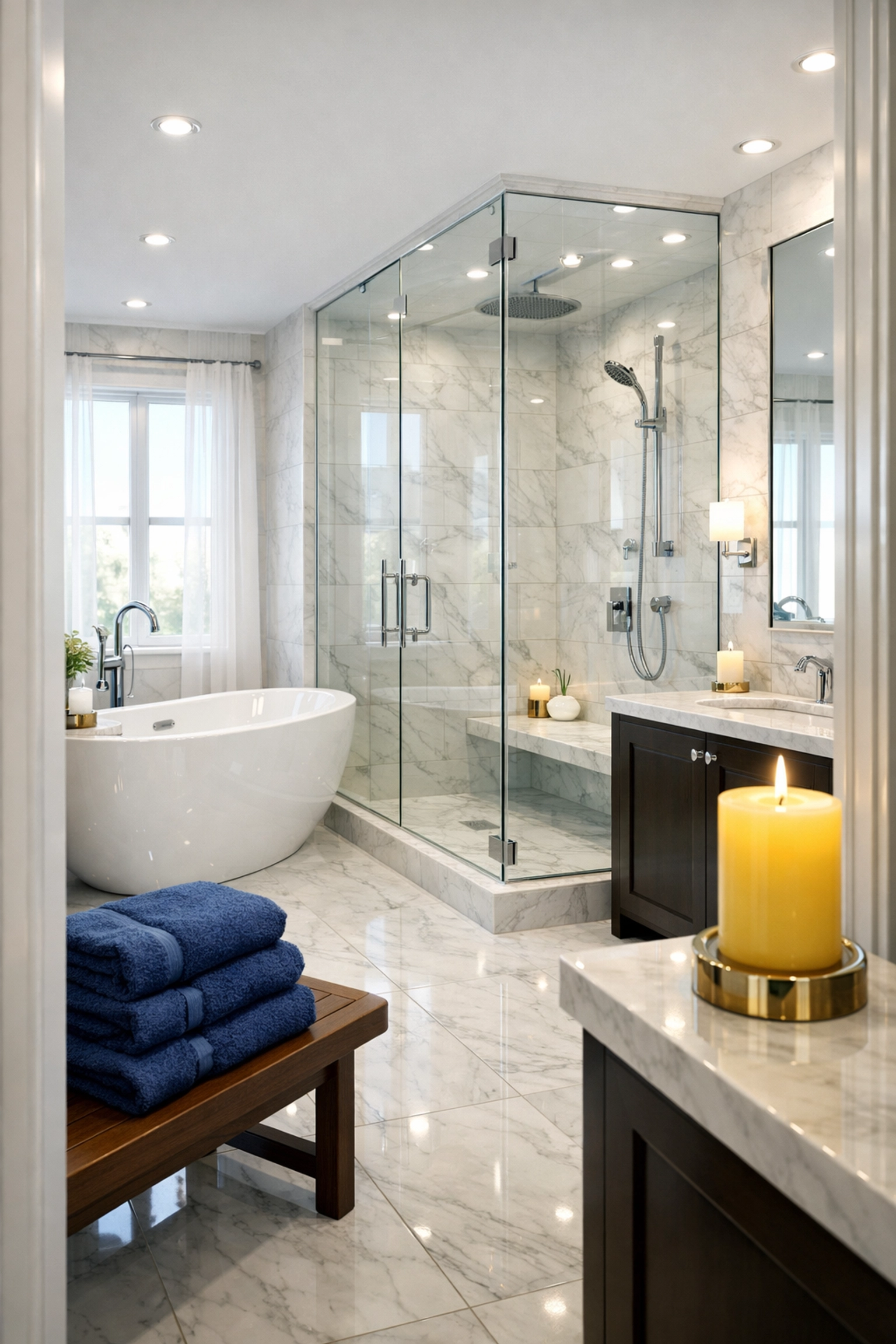 A sparkling clean master bathroom in Paxton featuring polished marble surfaces and a sanitized soaking tub.