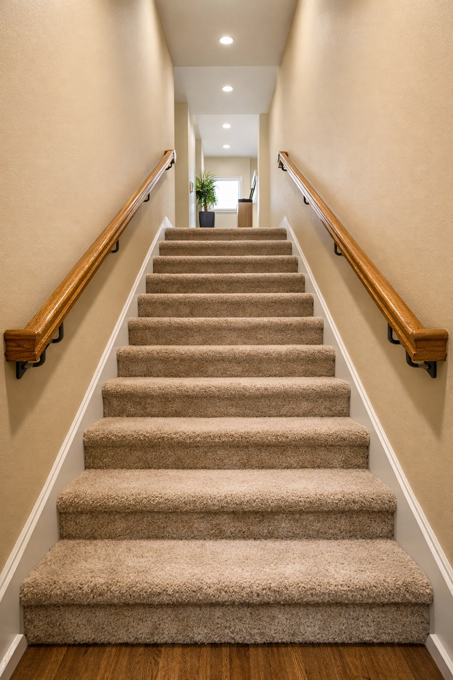 A home staircase featuring sturdy wooden handrails on both sides for improved balance and safety.