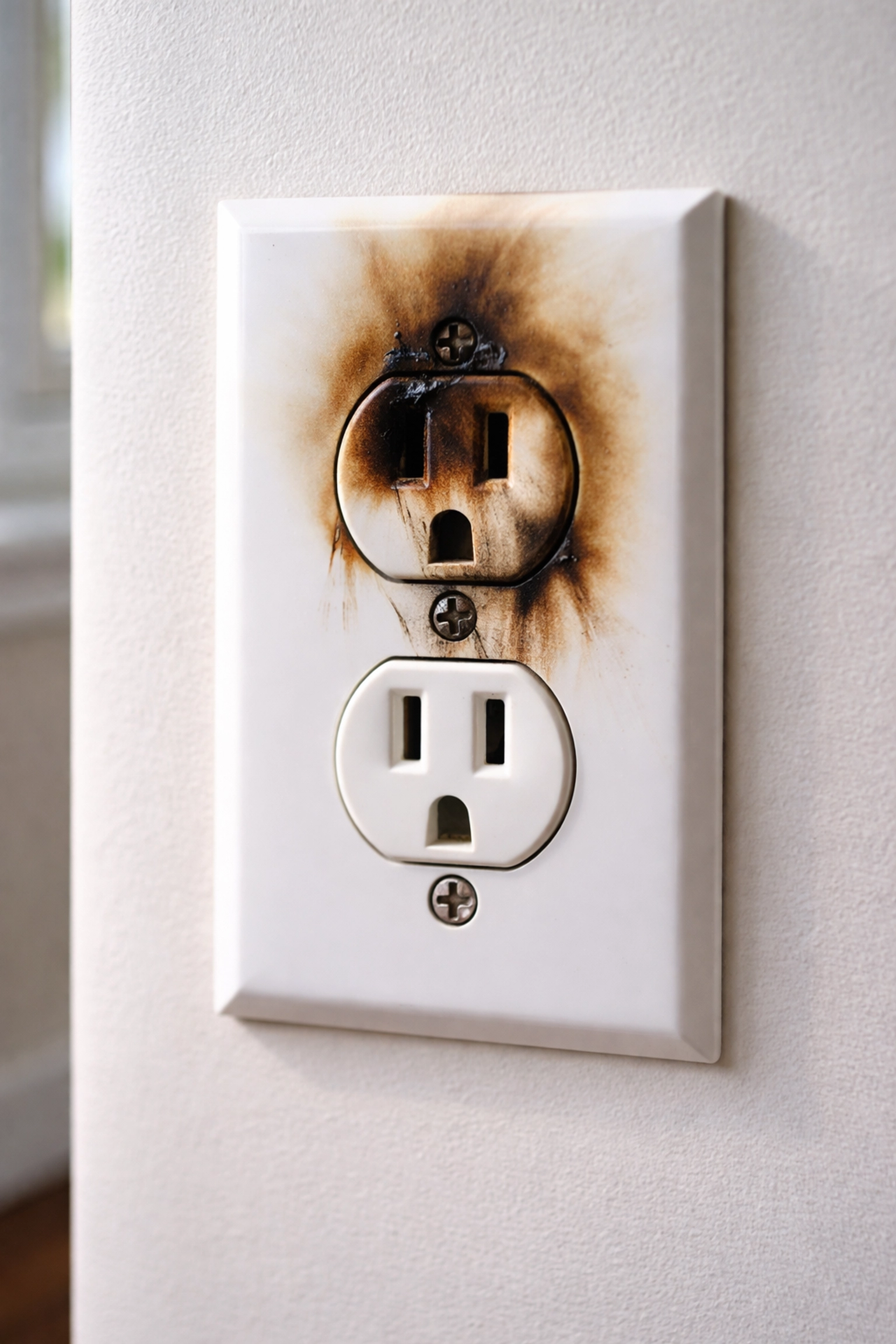 Close-up of a damaged electrical outlet with scorch marks, a warning sign homeowners should report to an emergency electrician