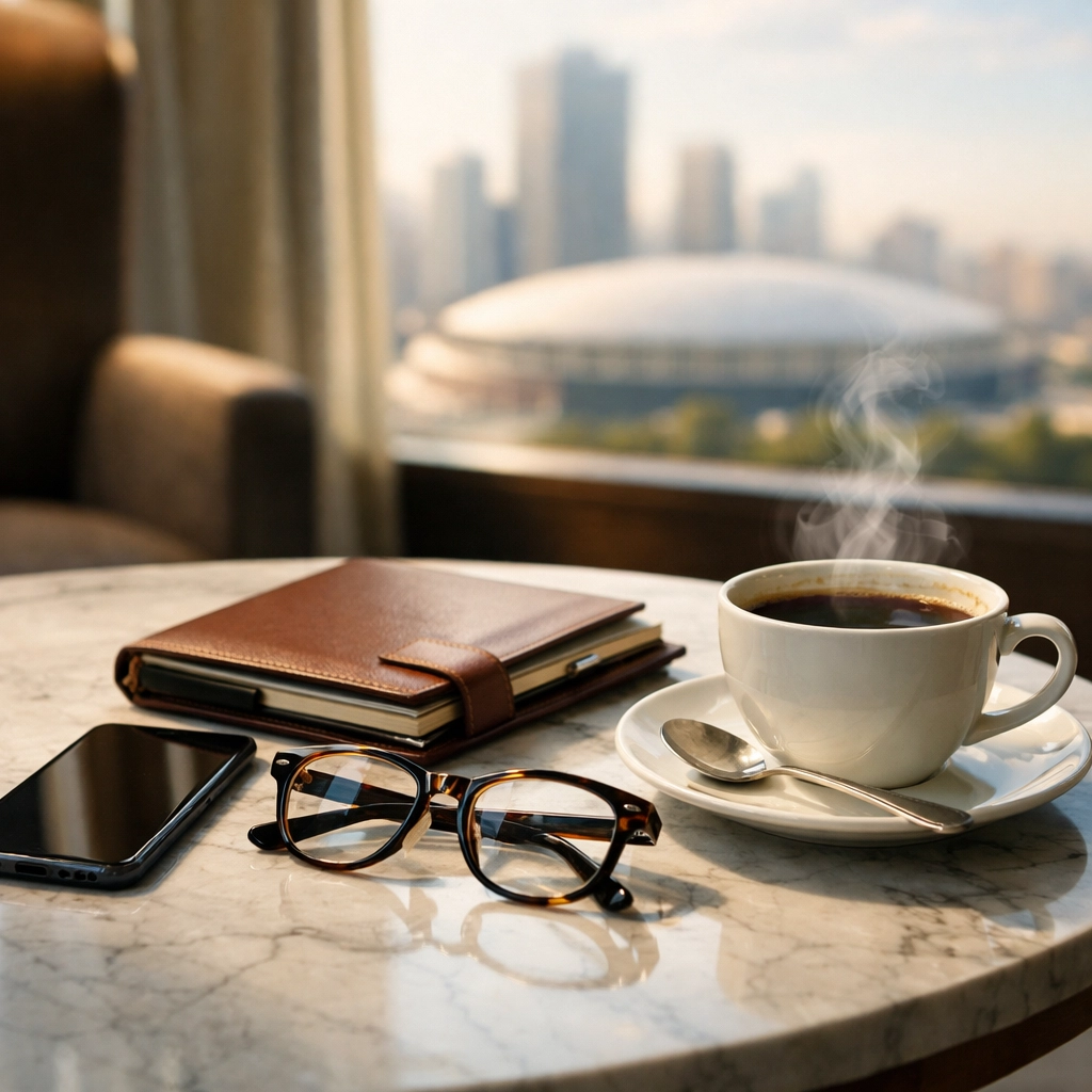 Executive planning tools and a city view, symbolizing strategic Super Bowl business follow-up and ROI.