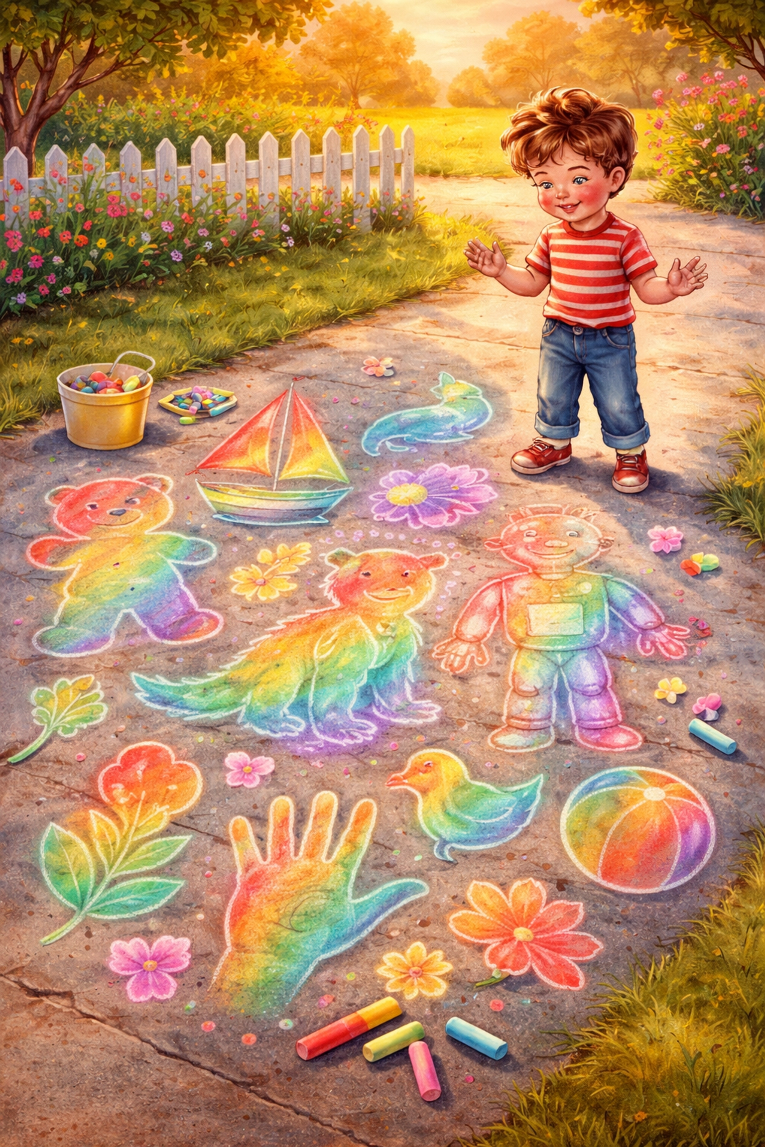 Child admiring finished chalk shadow art of toys and leaves on a driveway in a cheerful backyard