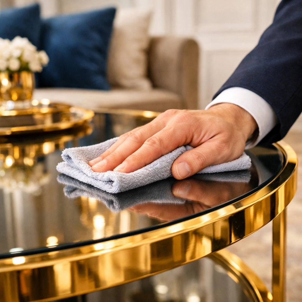 Professional microfiber polishing for high-end residential cleaning Massachusetts in a Dover living room.