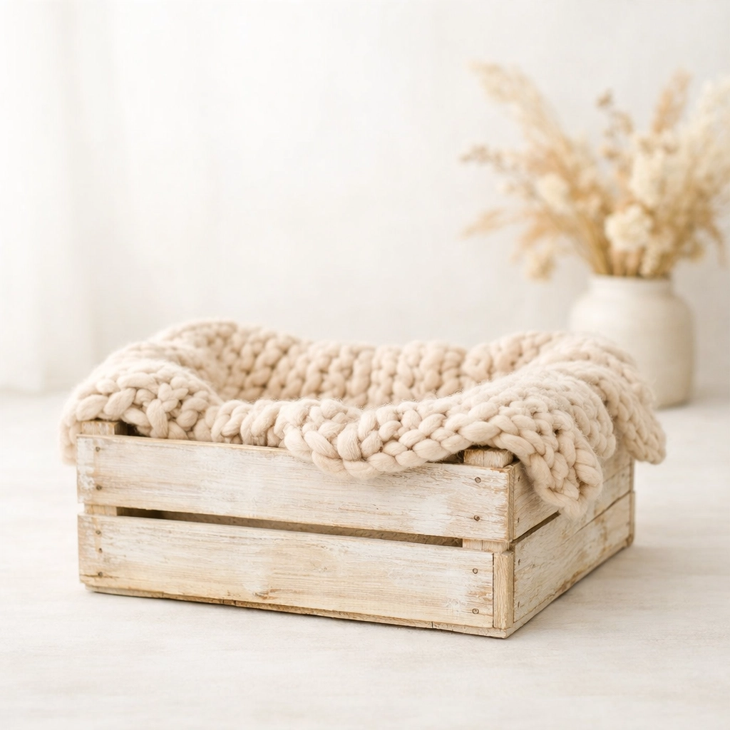 Studio prop setup featuring a timber crate and soft neutral blankets for newborn photography.