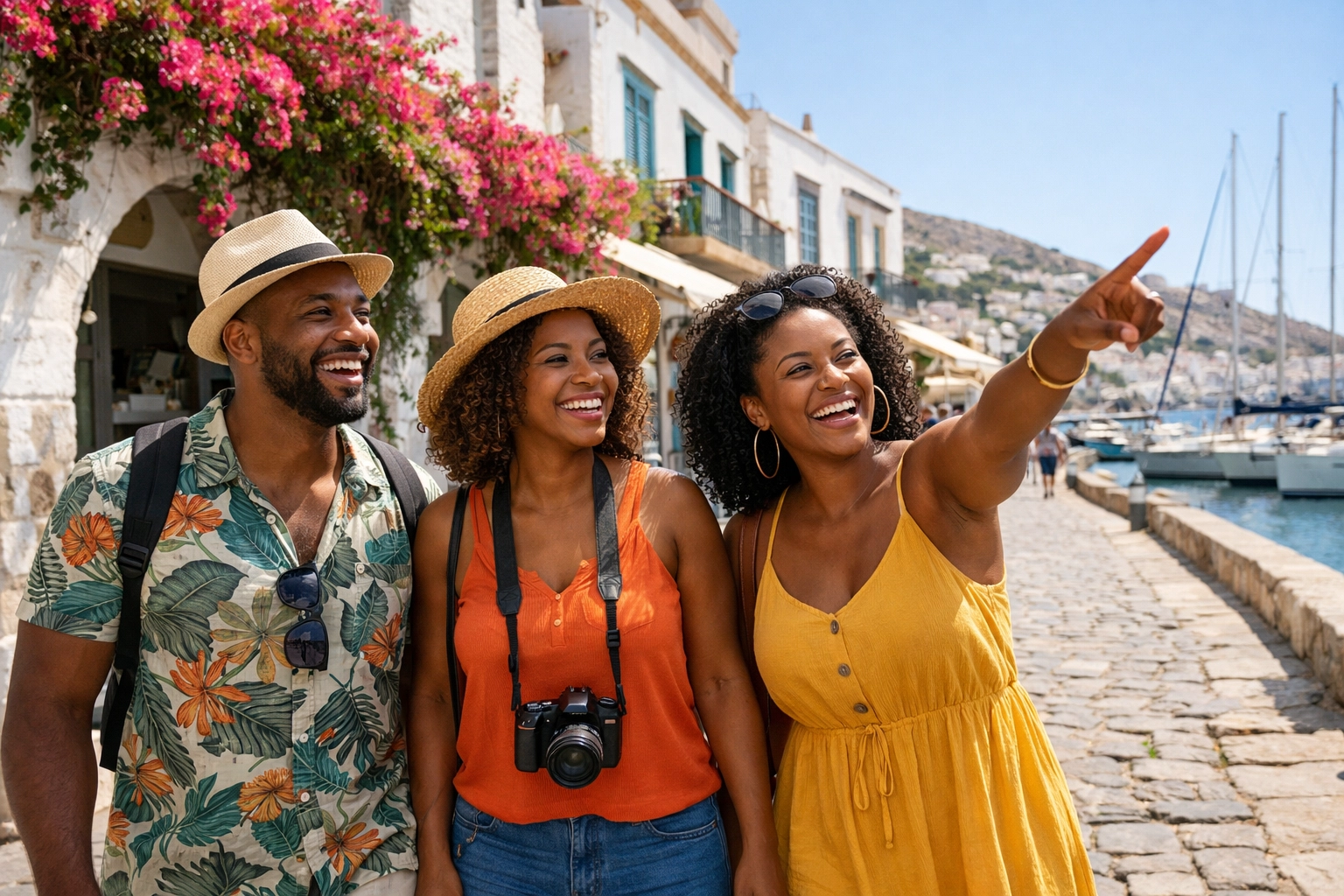 Friends exploring a Mediterranean port town on an excursion booked through an Omaha travel agent.