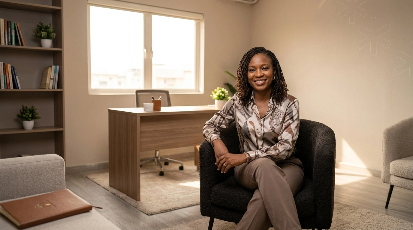 A warm, professional mental health office in Lagos with a friendly Nigerian specialist