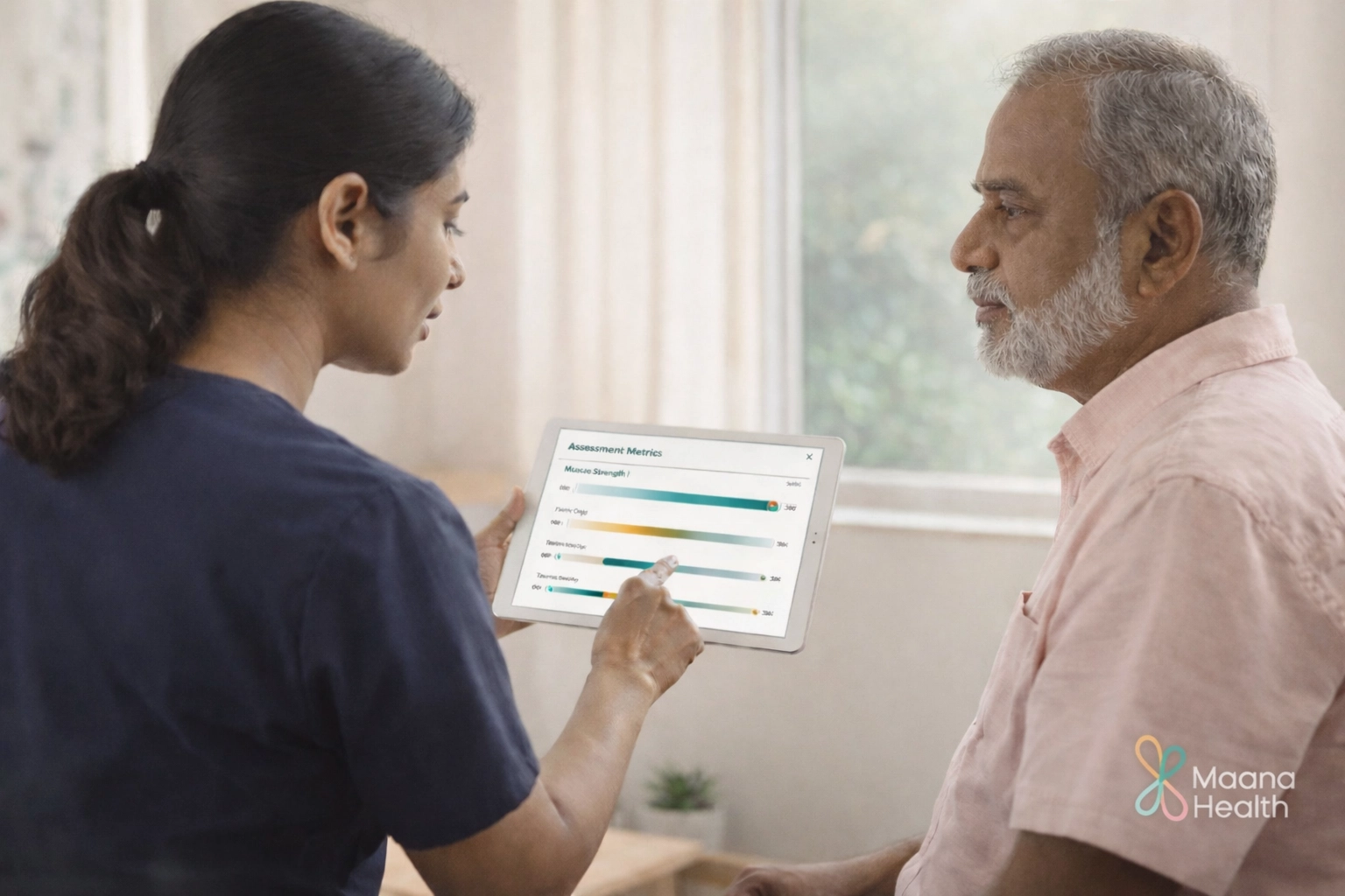 A Maana Health clinician reviews assessment metrics on a touchscreen during a neuro-musculoskeletal evaluation for stroke recovery.