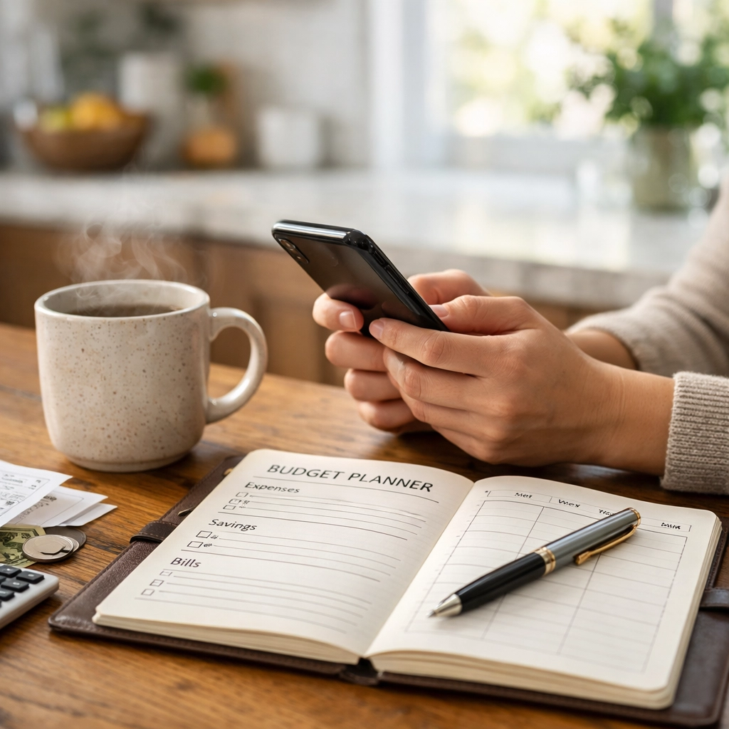 A person managing a family budget with a planner and phone to ensure peace of mind.