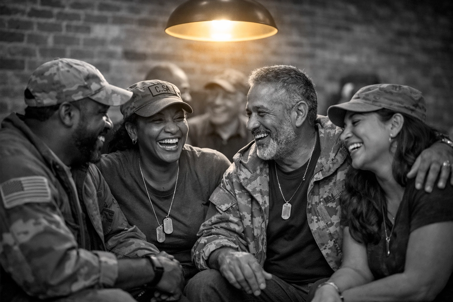 Diverse Veterans of Color sharing support and community in a faith-based urban gathering space.