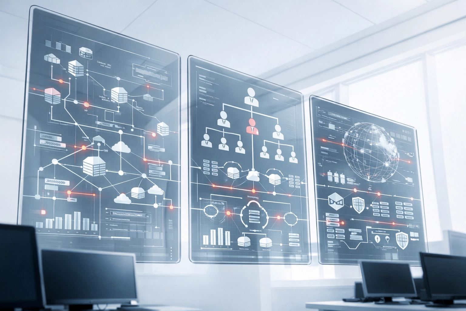 Enterprise command center displaying network flows and organizational structures for transformation execution