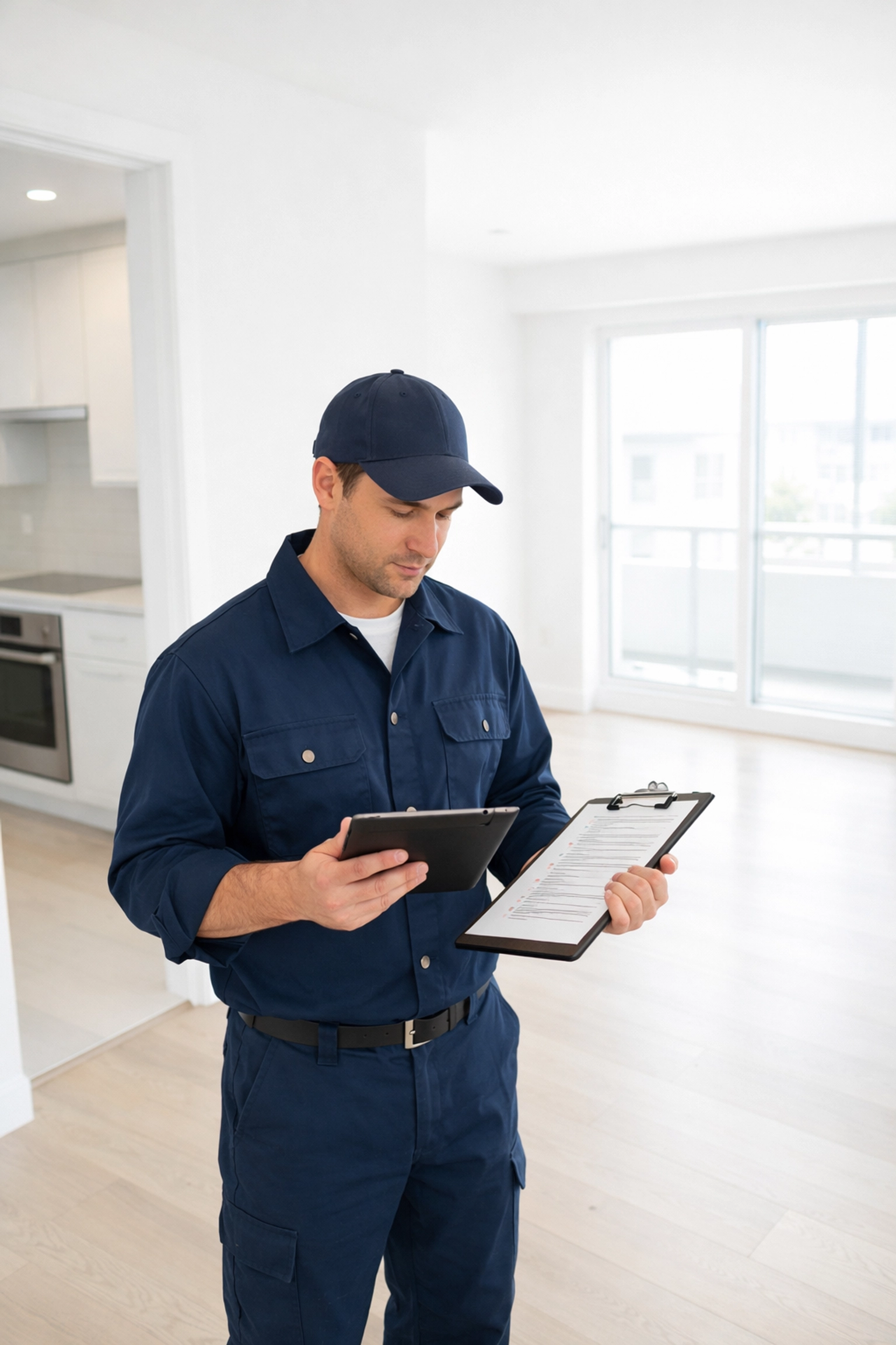 Maintenance technician with tablet conducting apartment turnover inspection in empty unit