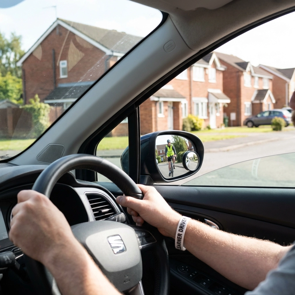Learner driver checking blind spot for cyclists during Telford driving lesson, safety and awareness emphasized