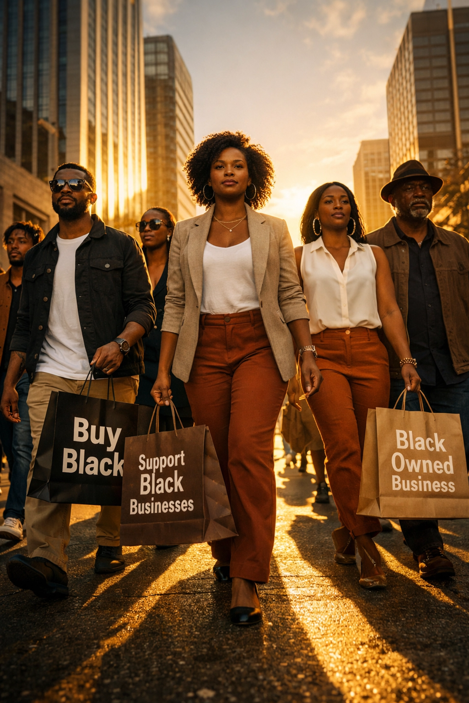 Community members carrying shopping bags from Black-owned businesses showing economic unity