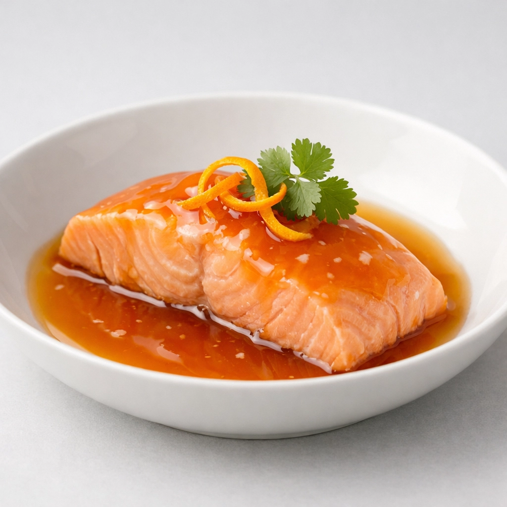Poached orange salmon with a ginger glaze, an elegant 5-ingredient easy weeknight dinner.