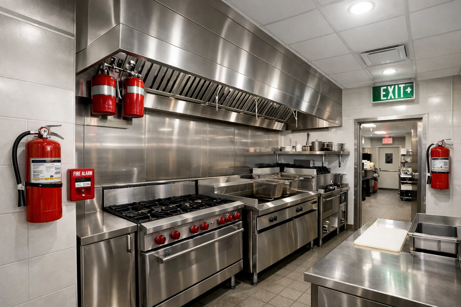 Commercial restaurant kitchen equipped with fire suppression system, extinguishers, and safety equipment