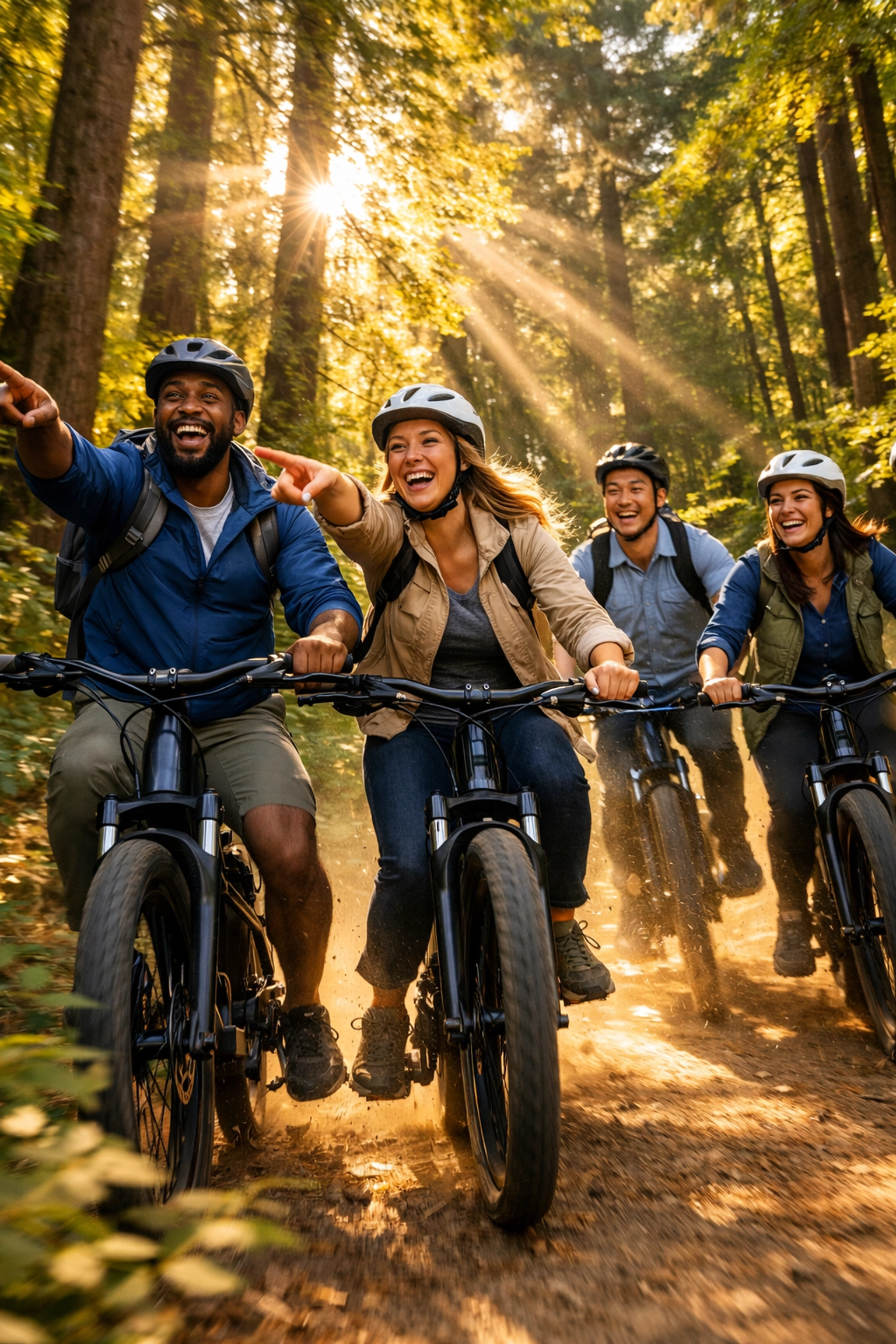 Corporate team riding e-bikes through forest trail during outdoor team building activity