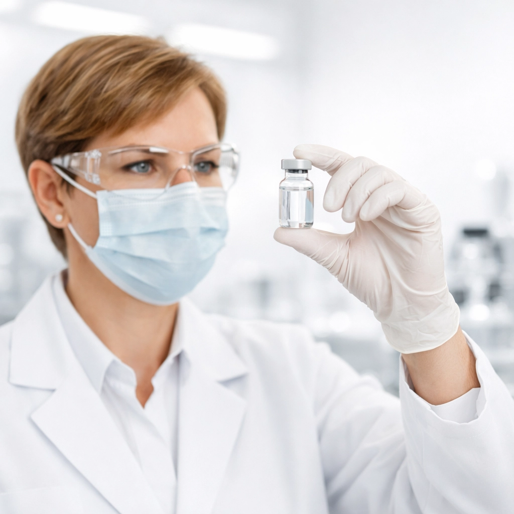 Licensed pharmacist in a sterile laboratory inspecting a vial of compounded tirzepatide for quality assurance.