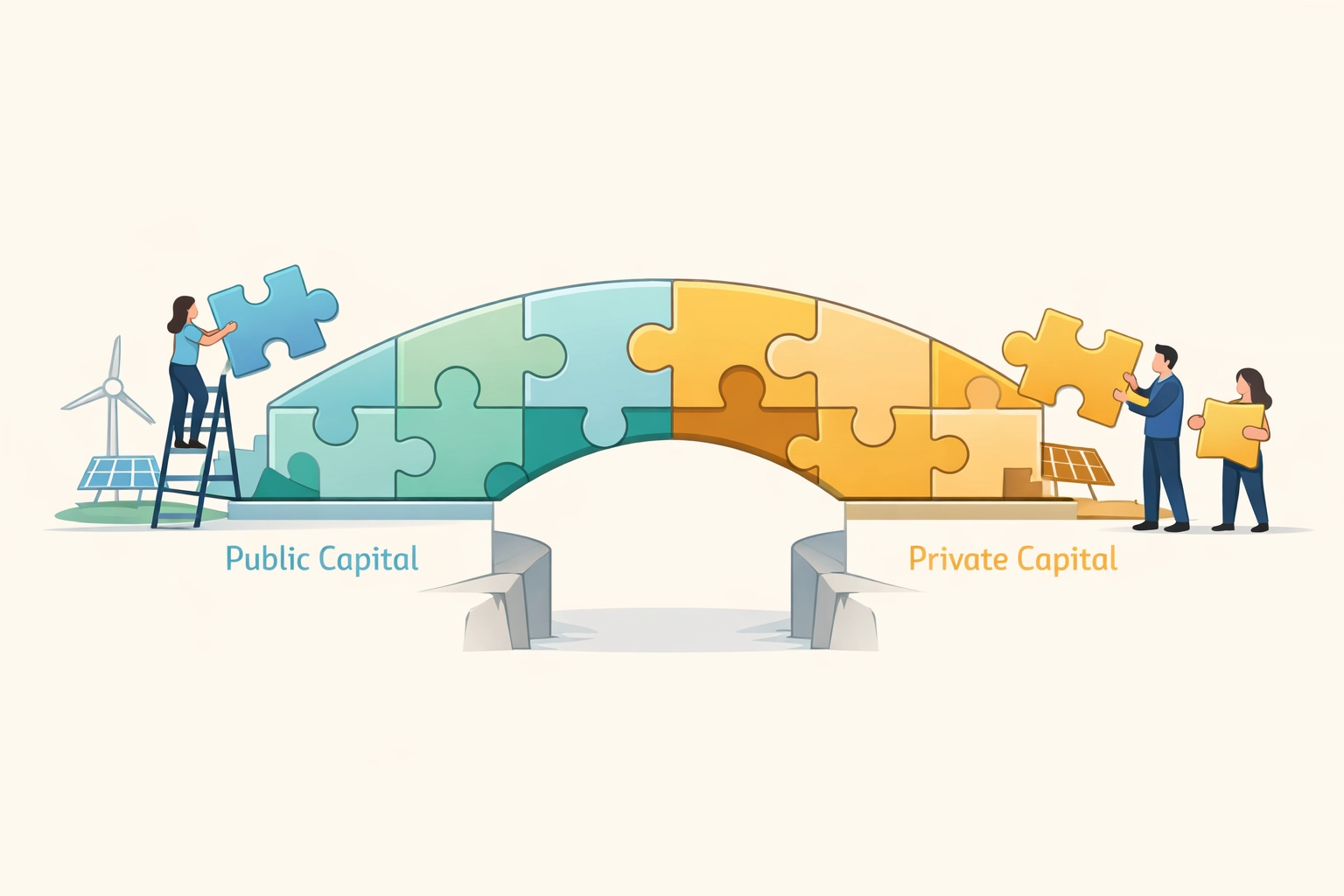 Blended climate finance puzzle showing public and private capital combining for renewable energy projects