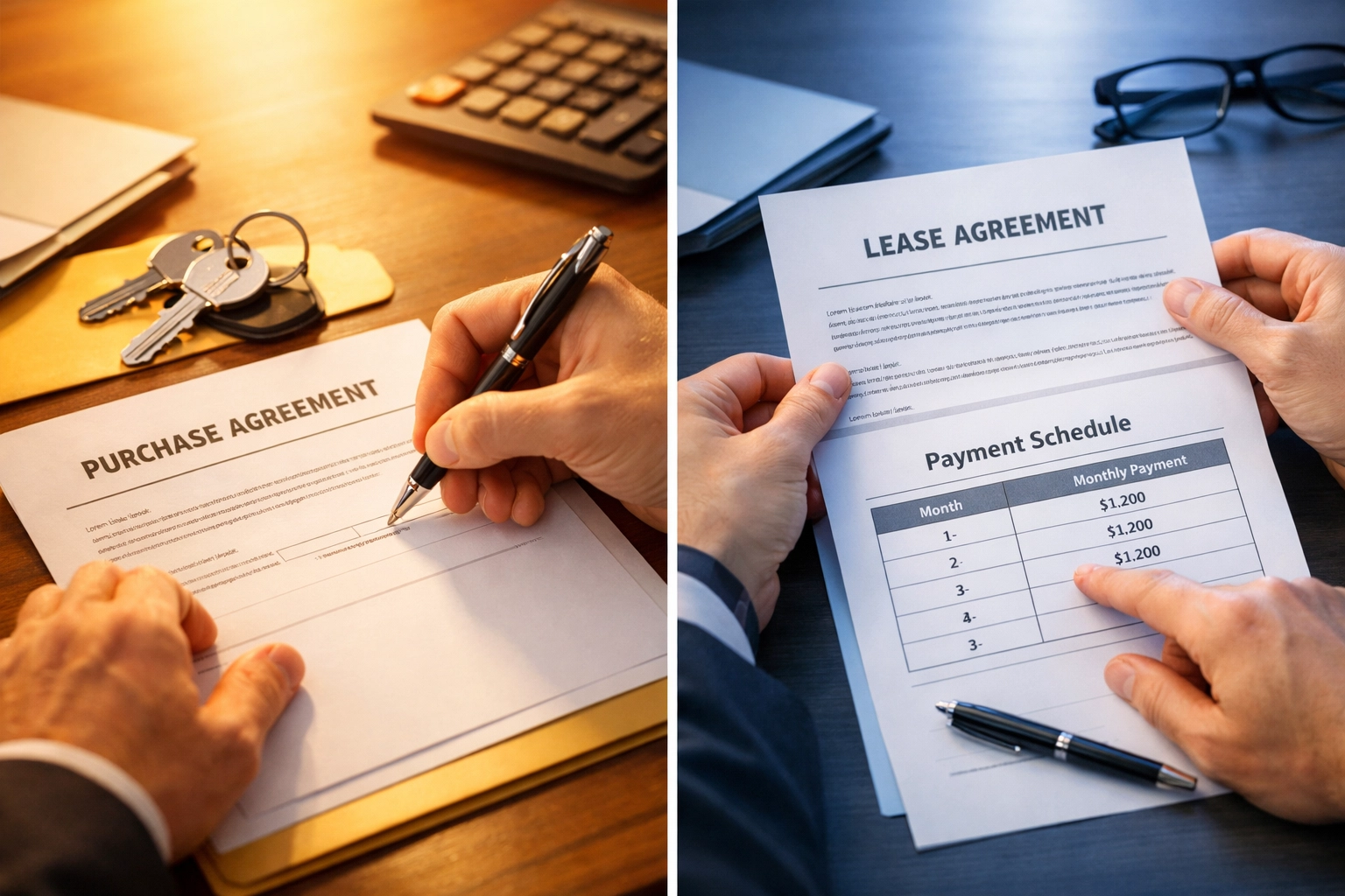 Comparing buy versus lease options for equipment financing and tax deductions side by side