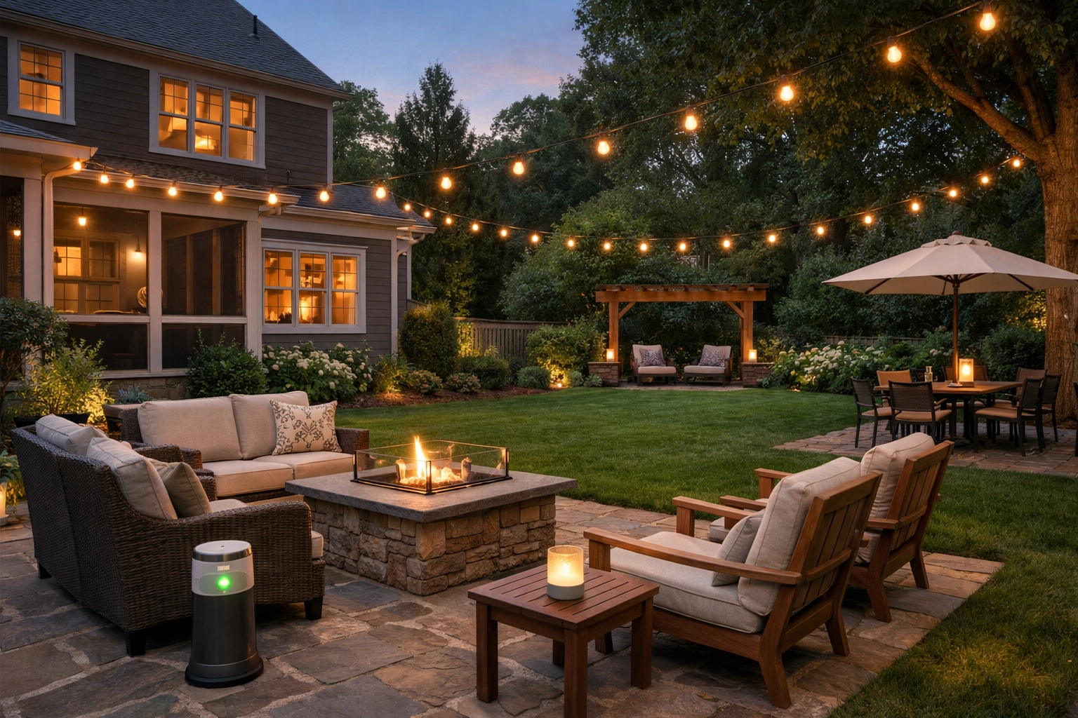 A comfortable Atlanta backyard patio at dusk designed for spray-free mosquito control peace of mind (no people or pets shown).