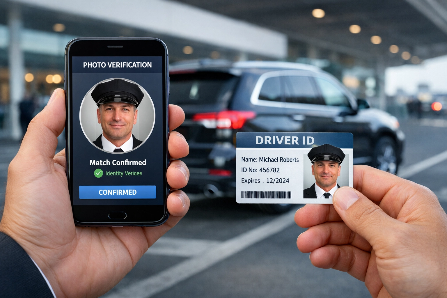 Driver ID verification with smartphone at Medellin airport pickup zone