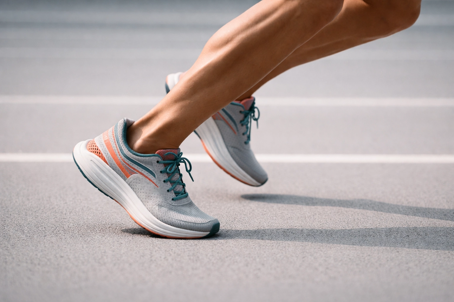 Runner’s legs mid-stride showing proper ankle dorsiflexion for optimal running form and injury prevention