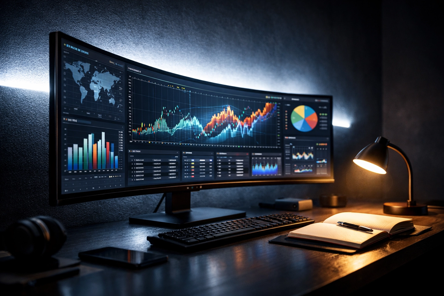 Ultrawide monitor setup with cool white LED bias lighting to reduce eye strain during night study.